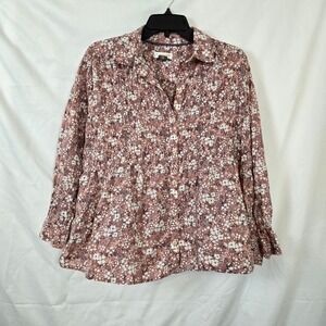 Pilcro‎ Anthropologie Pink White Floral Sasha Smocked Button Blouse Small Petite